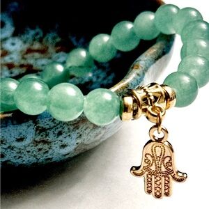 Green Aventurine Beaded Bracelet with Gold Hamsa Charm